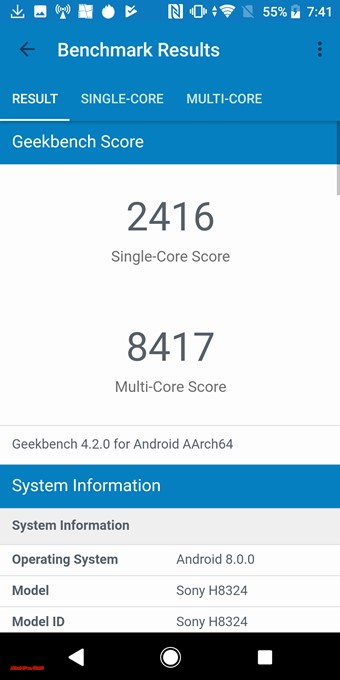 Xperia XZ2 Compactのスコアはシングルコア性能が2416、マルチコア性能が8417でした!