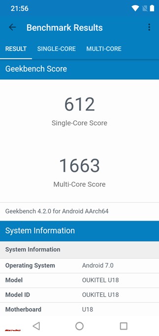 Geekbench 4はシングルコア性能が612、マルチコア性能が1663でした！
