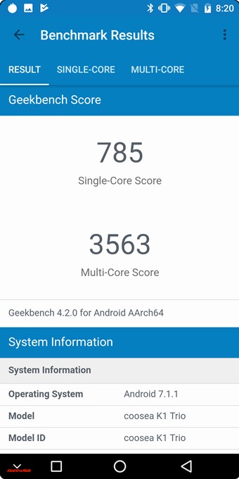 KOOLNEE K1 TrioのGeekbench 4はシングルコア性能が785点、マルチコア性能が3563点でした。