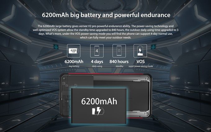 Vernee V2 Proは大容量な6200mAhのバッテリーを搭載しています！