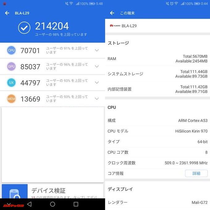 Huawei Mate 10 Pro（Android 8.0.0）実機AnTuTuベンチマークスコアは総合が214204点、3D性能が85037点。