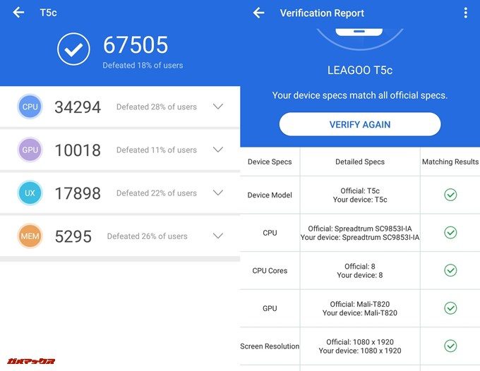 Leagoo T5c（Android 7.0）実機AnTuTuベンチマークスコアは総合が67505点、3D性能が10018点。