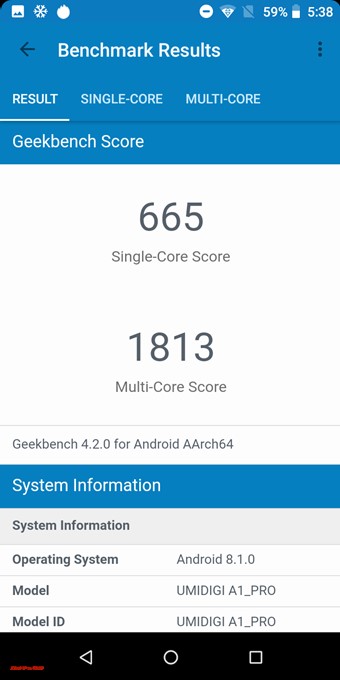 Geekbuying 4はシングルコア性能が665点、マルチコア性能が1813点