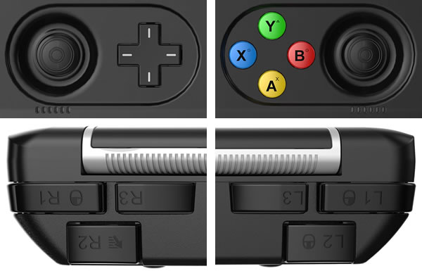 GPD WIN 2は多ボタンに対応するために背面のヒンジ部分の両端にもそれぞれ3つの計6つの物理ボタンを備えています。