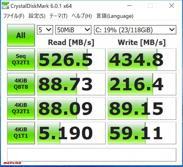 Teclast F7のSSDは書き込みが526MB/sで非常に速いです。