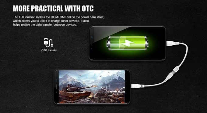 HOMTOM S99をモバイルバッテリー代わりに利用できる機能が備わっています。Bluetootイヤホンなどの充電に最適！