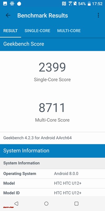 HTC U12+のシングルコア性能は2399点!マルチコア性能は8711点!