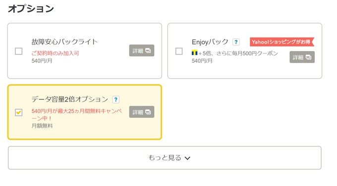 オプションで時間制限の無いかけ放題が利用できるのですが、オプションの項目ではもっと見るをクリックしないと表示されないので注意