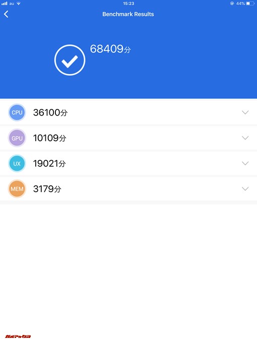 Apple iPad mini 2（iOS 11.3）実機AnTuTuベンチマークスコアは総合が68409点、3D性能が10109点。