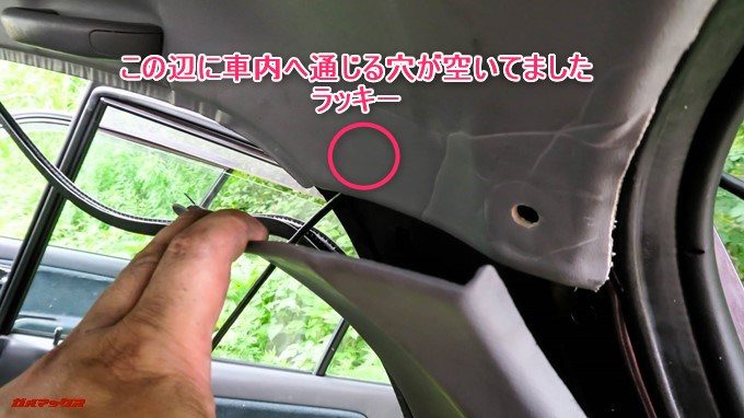 GoSafe S36G1のバックカメラケーブルを車内へ引き込みました。短距離で内部に引き込めたのでラッキーです。