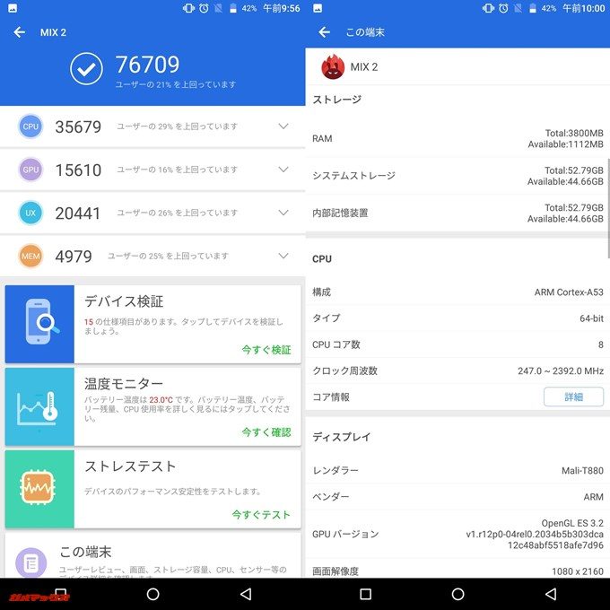 Vernee mix 2（Android 7.0）実機AnTuTuベンチマークスコアは総合が76709点、3D性能が15610点。