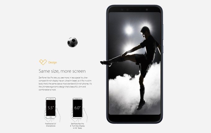 ASUS Zenfone Max Pro (M1)は大型のディスプレイを搭載しているが、18:9の縦長ディスプレイを搭載しているので従来の5.5型と同じ持ち心地です。