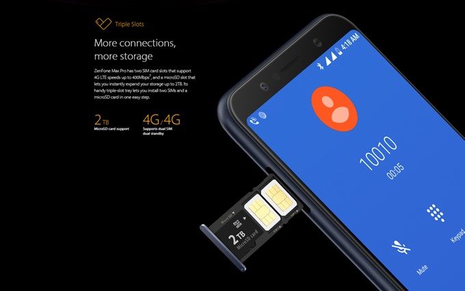 ASUS Zenfone Max Pro (M1)はNanoSIM×2とMicroSDが1枚挿入できるトリプルSIMトレイを搭載しています。