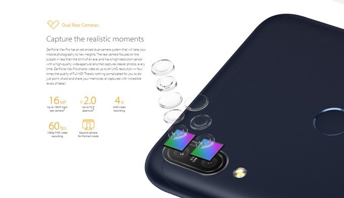 ASUS Zenfone Max Pro (M1)は1600万画素カメラと500万画素カメラを搭載しています。