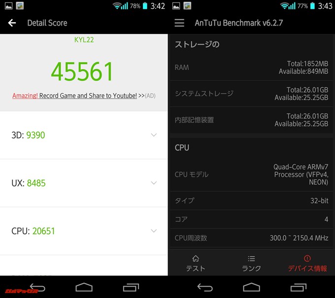 DIGNO M KYL22(Android 4.2.2)実機AnTuTuベンチマークスコアは総合が45561点、3D性能が9390点。
