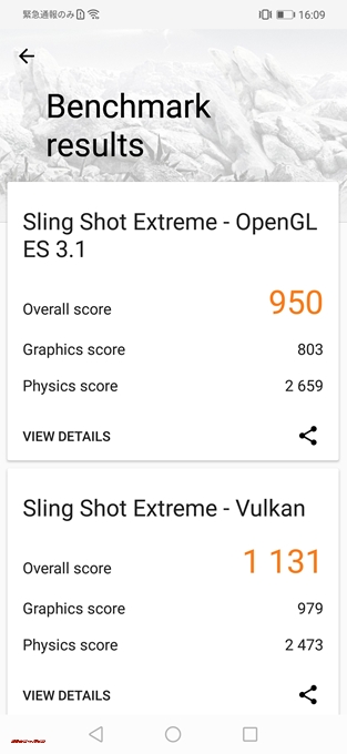 Huawei nova 3iはOpenGL ES 3.1が950点、Vulkanが1131点でした！