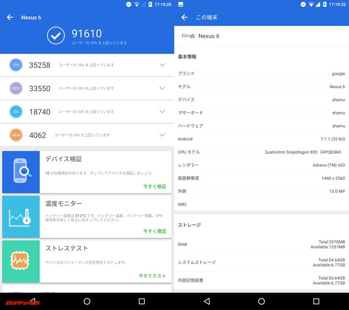 nexus6（Android 7.1.1）実機AnTuTuベンチマークスコアは総合が91610点、3D性能が33550点。
