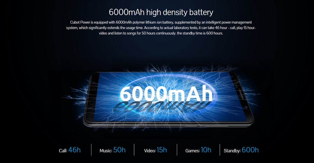 CUBOT POWERは大容量な6000mAhバッテリーを搭載しています。