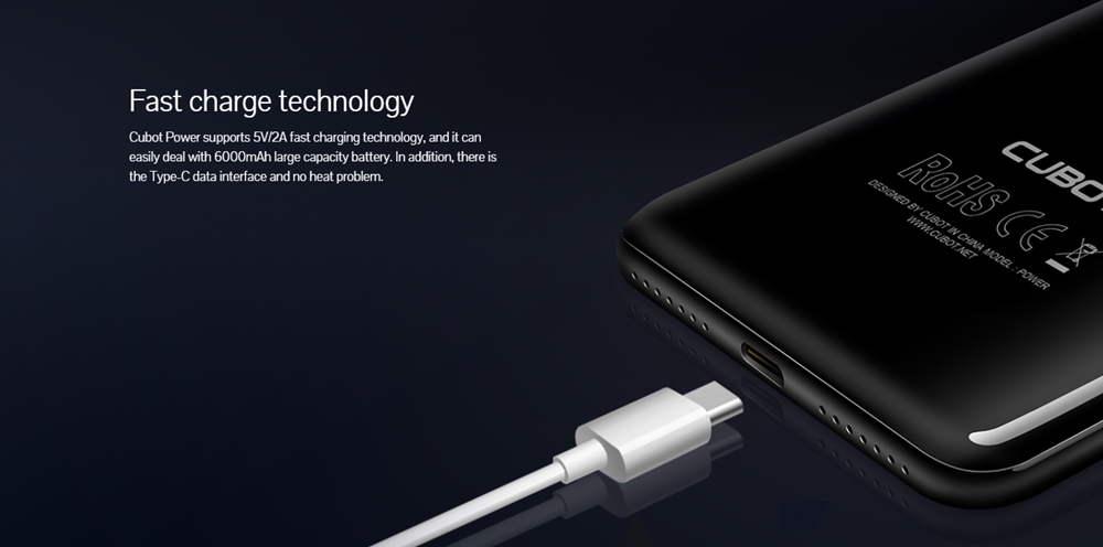 CUBOT POWERは5V2Aの急速充電に対応していますが、特筆すべきものではありません。