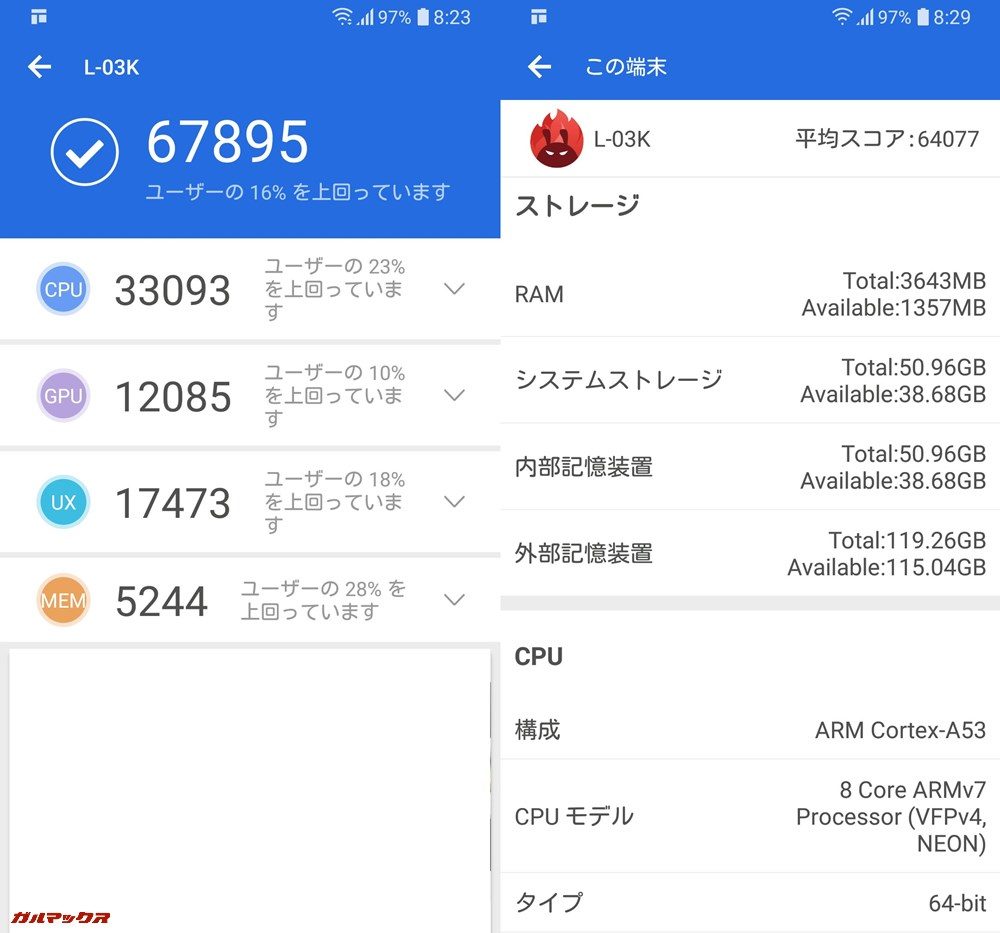 LG Style L-03K（Android 8.1）実機AnTuTuベンチマークスコアは総合が67895点、3D性能が12085点。