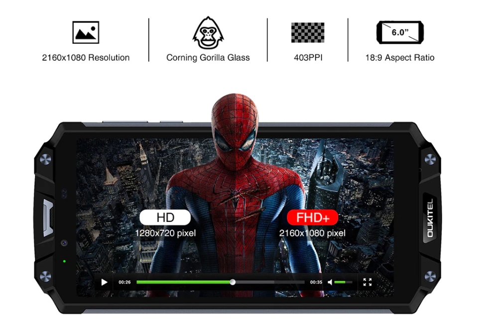 OUKITEL WP2はFHDの高解像度パネルを採用しています。