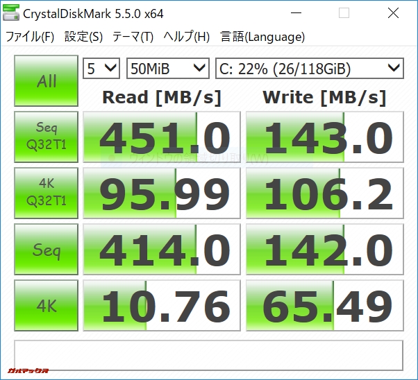 Teclast F5のSSDの速度は451MB