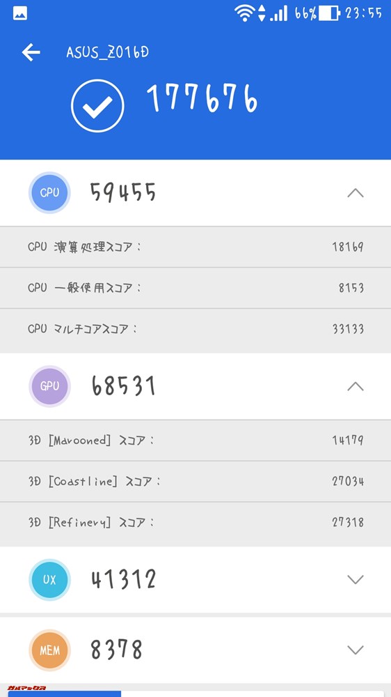 ASUS Zenfone 3 Deluxe ZS570KL(Android 7.0)実機AnTuTuベンチマークスコアは総合が177676点、3D性能が68531点。