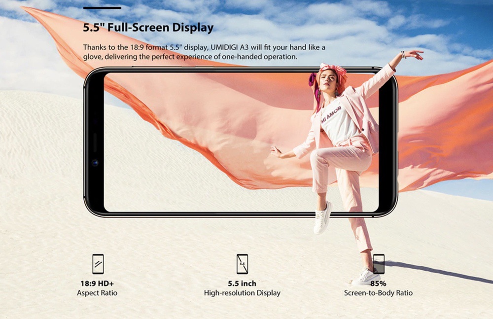 UMIDIGI A3のディスプレイはHD+で一般的なスマホよりも解像度が低い