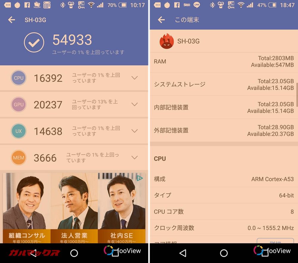 AQUOS ZETA SH-03G（Android 7.0）実機AnTuTuベンチマークスコアは総合が54933点、3D性能が20237点。