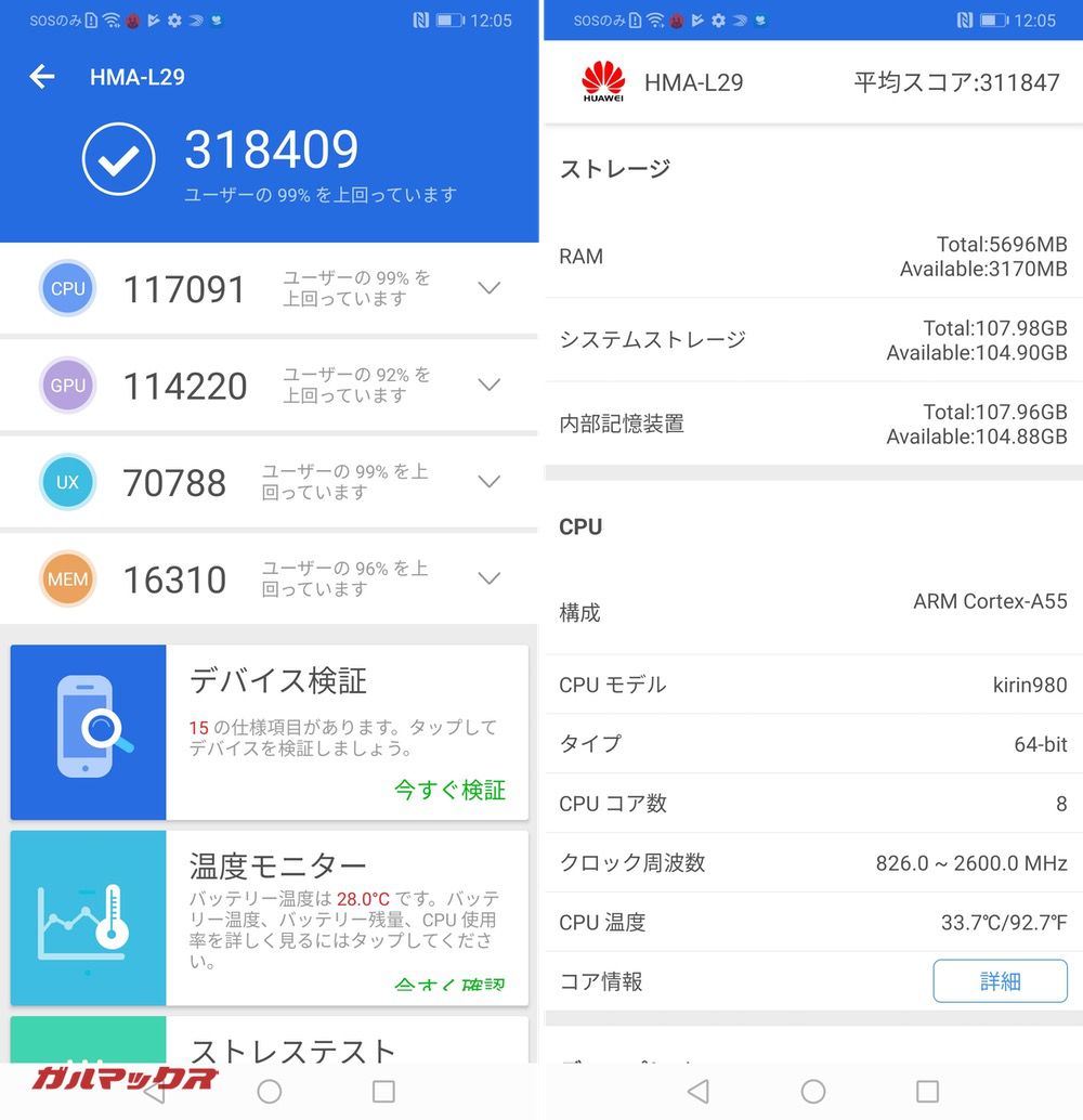 Huawei Mate 20(Android 9)実機AnTuTuベンチマークスコアは総合が318409点、3D性能が114220点。