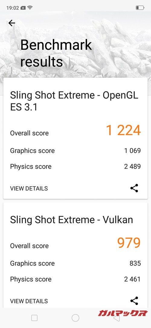 3DMarkのスコアはOpenGL ES 3.1が1224点!Vulkanが979点でした!