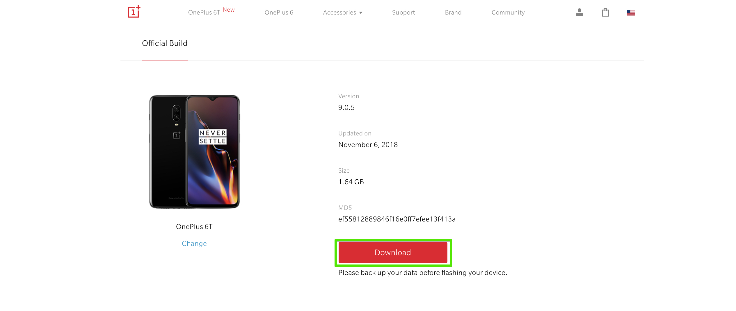 OnePlus 6Tの個別ページに入ったらダウンロードボタンを押して任意のフォルダにOSデータをダウンロードします。