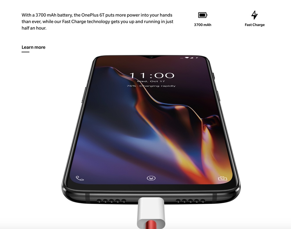 OnePlus 6Tは大容量な3700mAhのバッテリーを搭載。