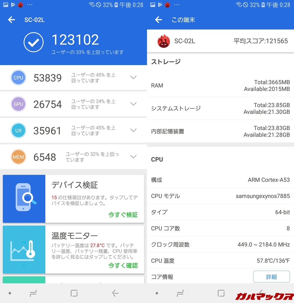 Galaxy Feel2（SC-02L）の実機AnTuTuスコアは総合スコアが123102点！3Dスコアが26753点！