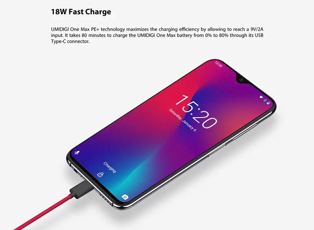 UMIDIGI One Maxは有線接続経由で18Wの超急速充電に対応。