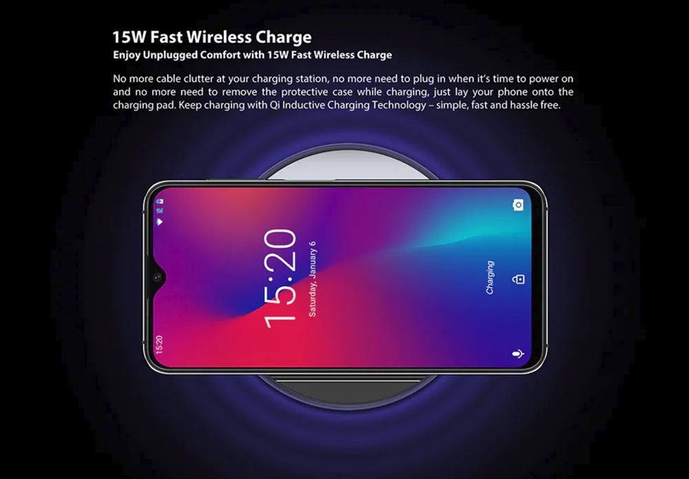 UMIDIGI One Maxは15Wと超急速ワイヤレス充電にも対応している。