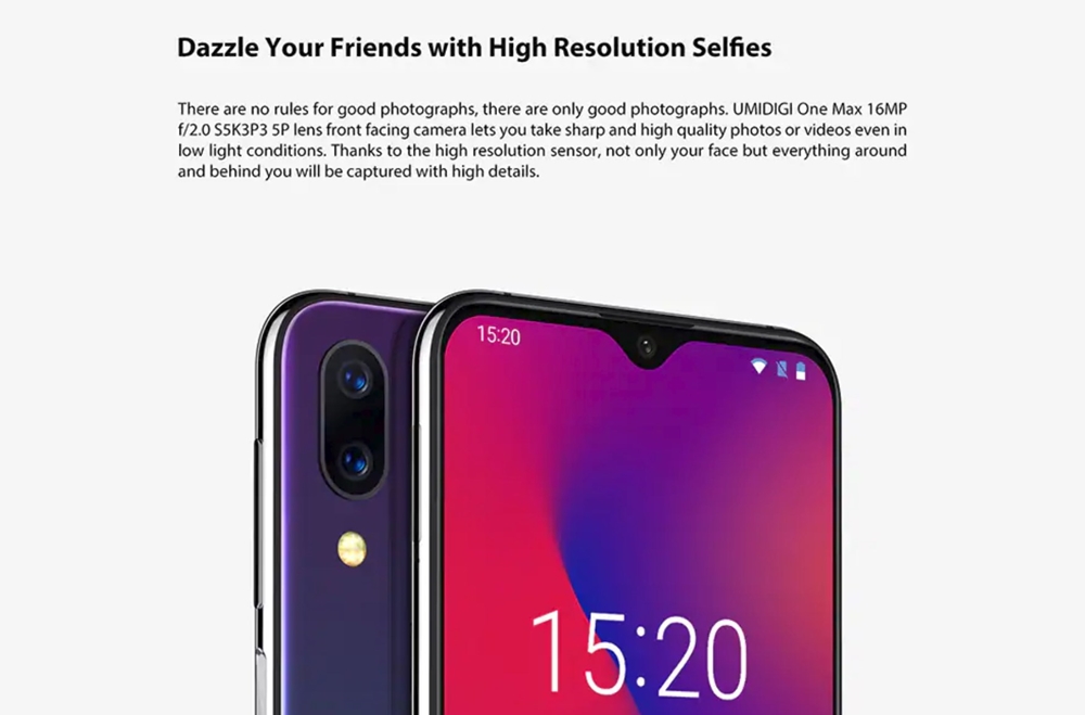 UMIDIGI One Maxはインカメラに1600万画素を搭載。