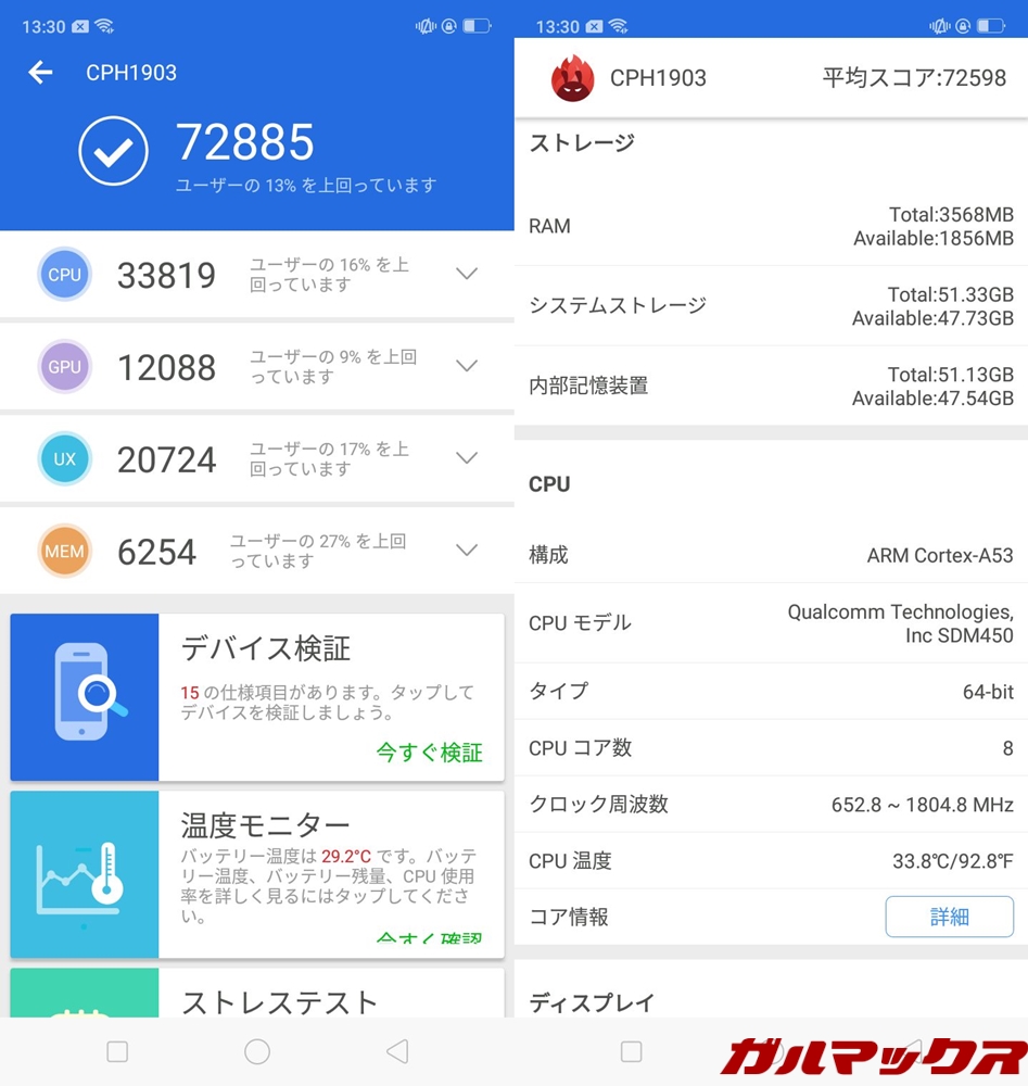 OPPO AX7の実機AnTuTuベンチマークは総合スコアが72885点、3Dスコアは12088点!