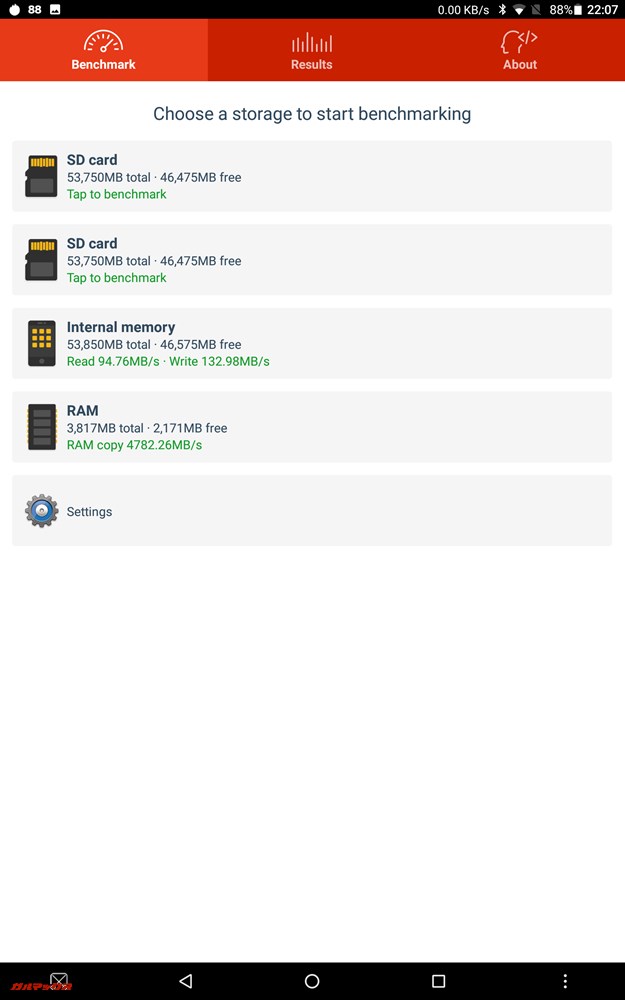 A1SD Benchの結果は、Read:94.76MB/s、Write:132.98MB/s。