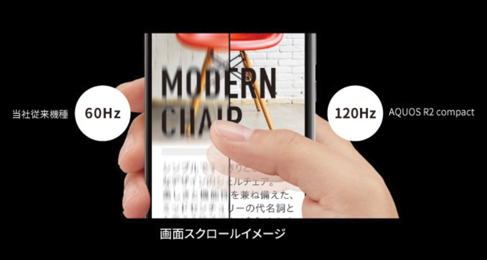 AQUOS R2 Compactは120Hz駆動のディスプレイパネルを搭載しているので非常に滑らか。