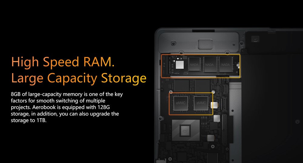 Aerobookのメモリは大容量な8GB、ストレージは高速なSSD 128GBを搭載しています。