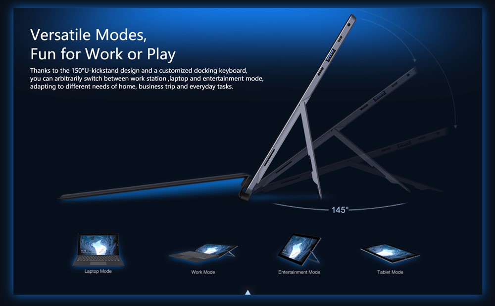 CHUWI UbookはタブレットPCでキックスタンドを搭載しているので様々なスタイルで利用可能です。