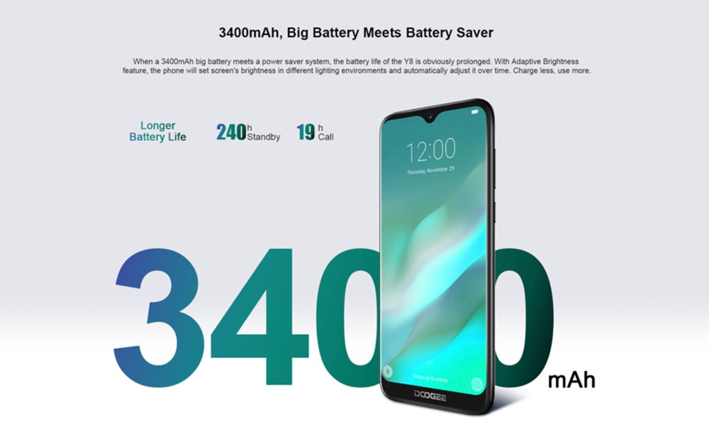 DOOGEE Y8は3400mAhのバッテリーを搭載しています。