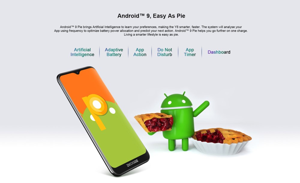 DOOGEE Y8はAndroid 9の最新世代OSを搭載しています。