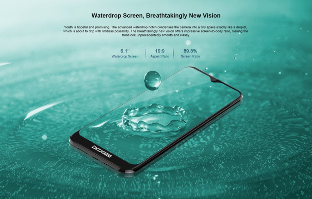 DOOGEE Y8は6.1型の水滴ノッチを搭載したディスプレイを備えています。
