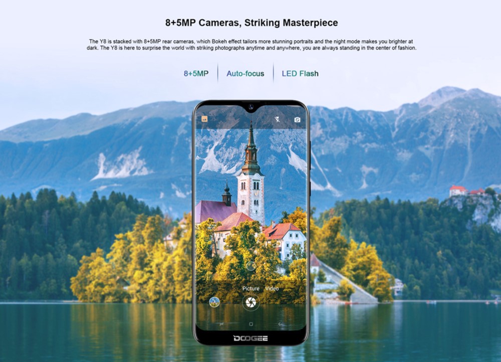 DOOGEE Y8は800万画素+500万画素のデュアルカメラを搭載しています。