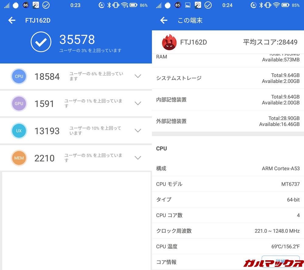 FREETEL Priori 4（Android 7.0）実機AnTuTuベンチマークスコアは総合が35578点、3D性能が1591点。
