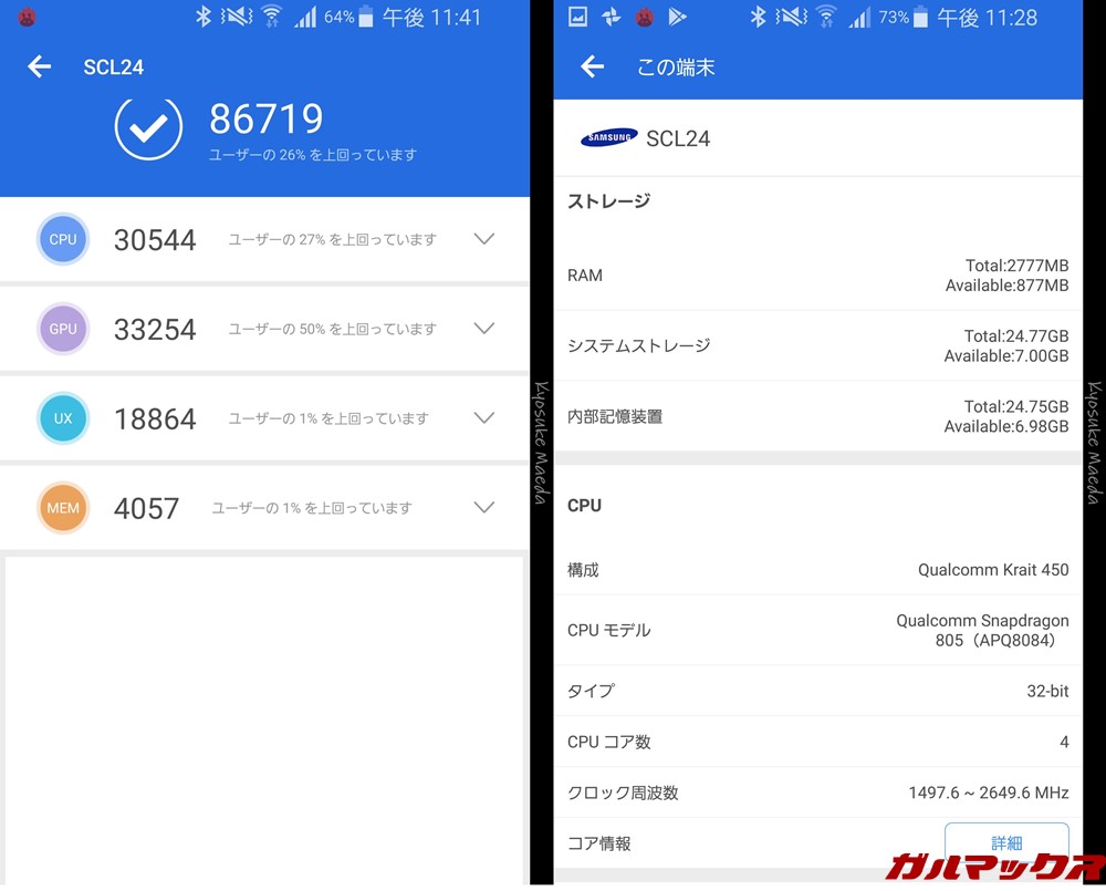 Galaxy Note Edge（Android 6.0.1）実機AnTuTuベンチマークスコアは総合が86719点、3D性能が33254点。
