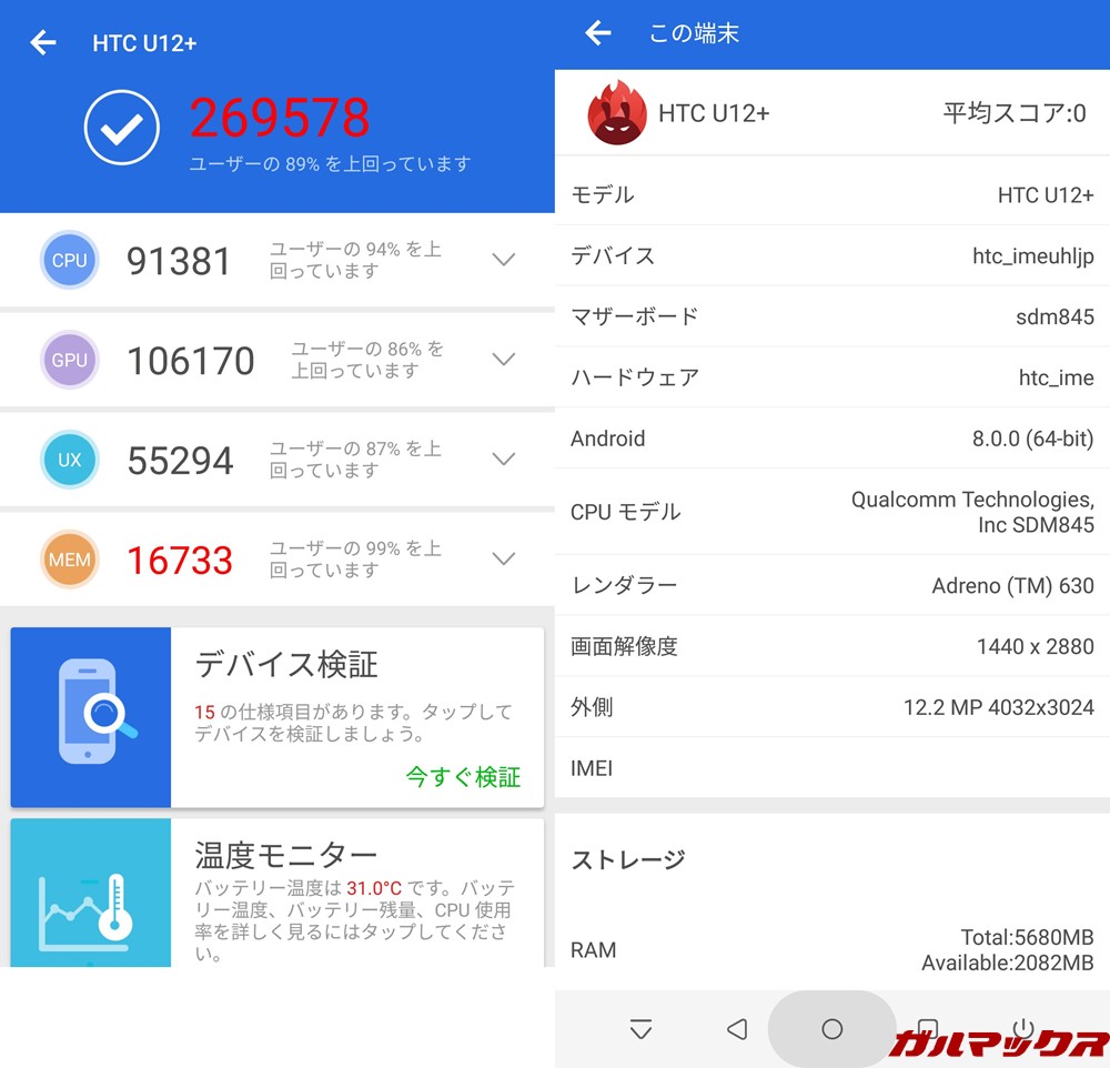 HTC U12+（Android 8.0）実機AnTuTuベンチマークスコアは総合が269578点、3D性能が106170点。