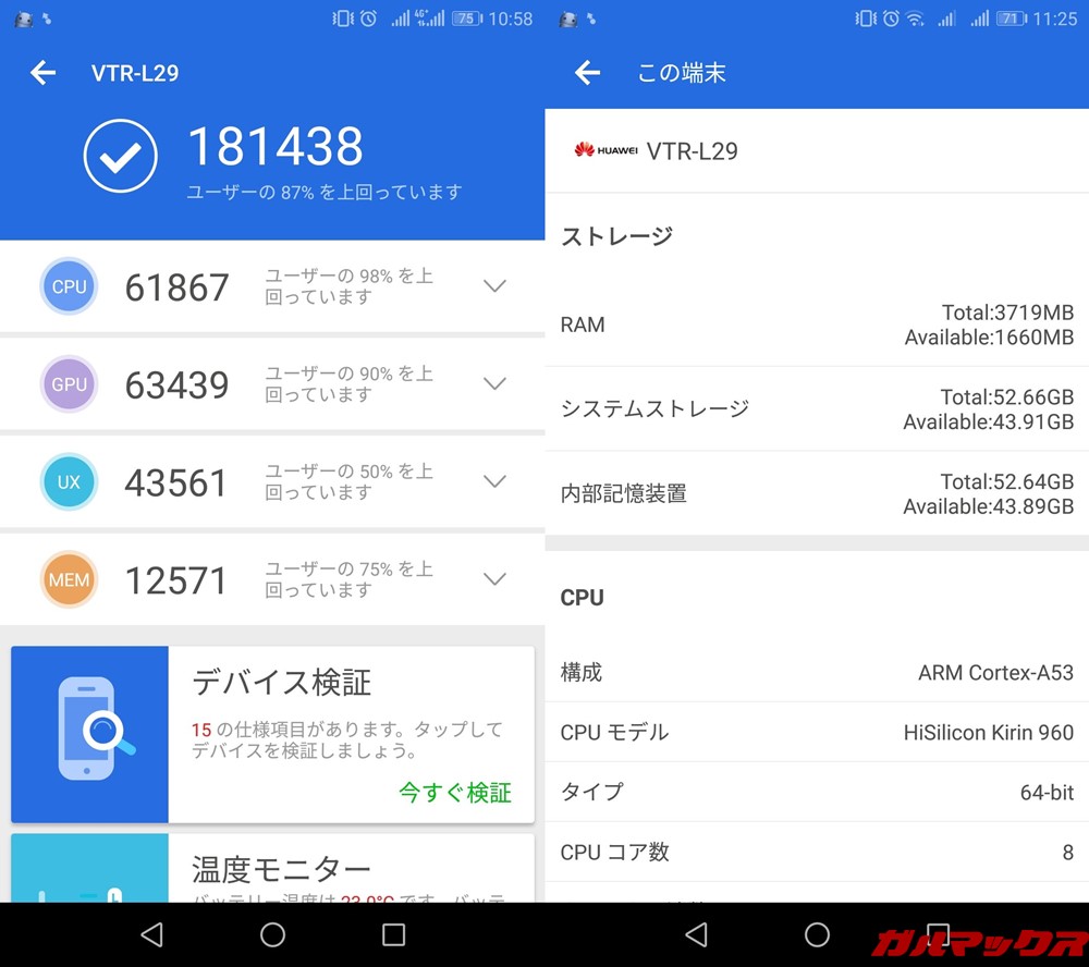 HUAWEI P10(Android 8.0)実機AnTuTuベンチマークスコアは総合が181438点、3D性能が63439点。
